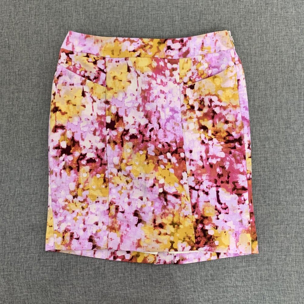 LOFT Watercolor Straight Skirt Lined Pink Yellow Pockets OP Zipper Closure